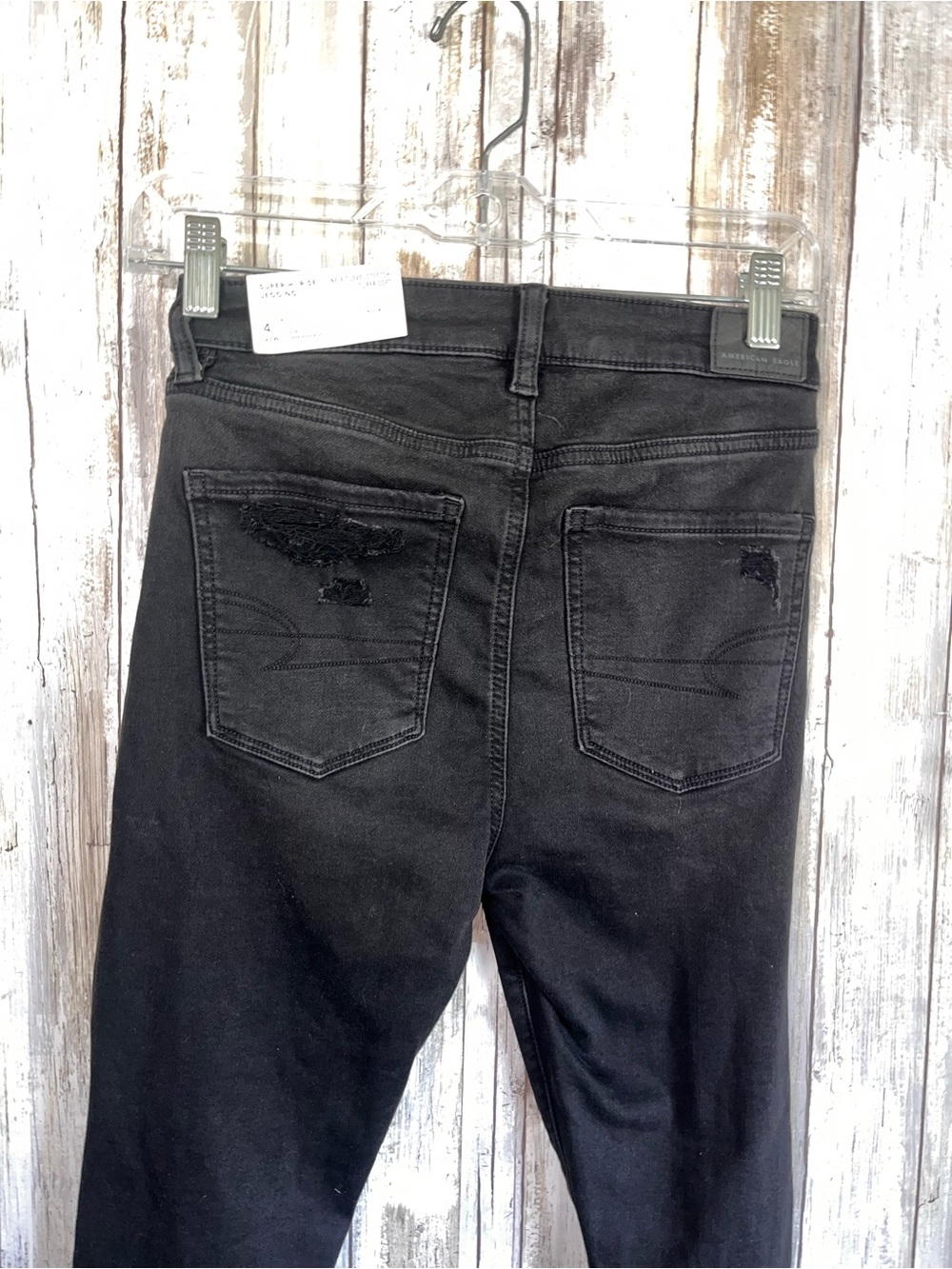 American Eagle Super Hi-Rise Jegging Jeans 4 Short Black Distressed Ripped - Picture 5 of 6